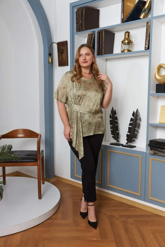 Plus Size Green Blouse with Belt Accessory - 4