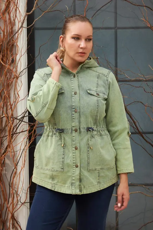 Plus Size Green Denim Jacket with Pocket Detail - BÜYÜKBEDENIZ