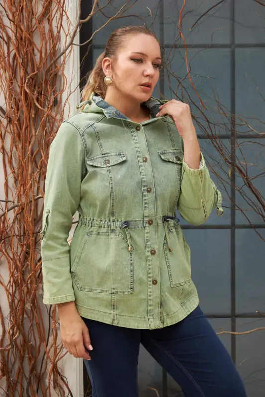 Plus Size Green Denim Jacket with Pocket Detail - 2
