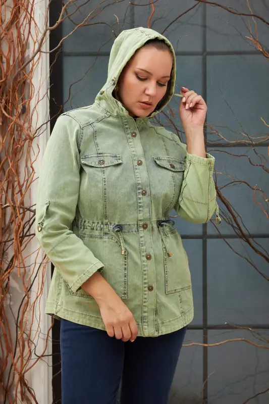 Plus Size Green Denim Jacket with Pocket Detail - 3