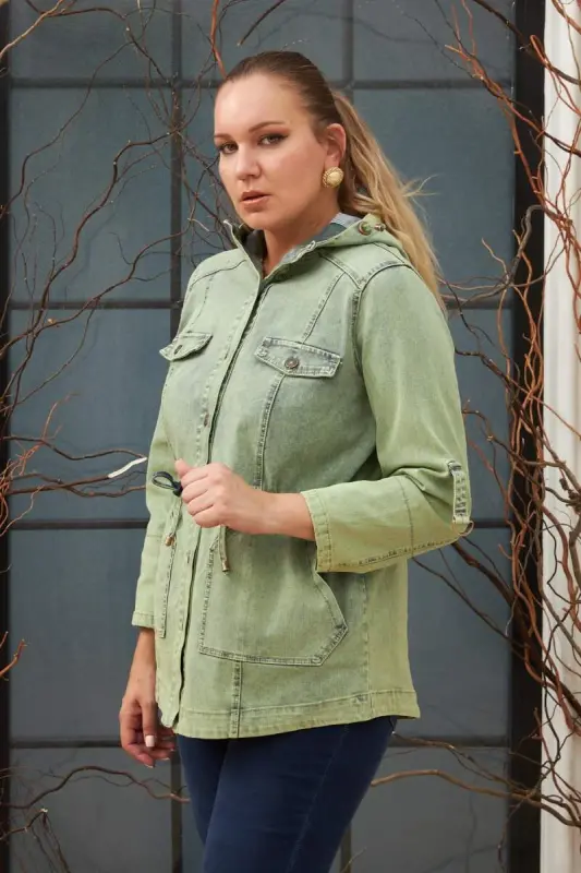 Plus Size Green Denim Jacket with Pocket Detail - 4