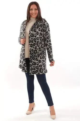 Plus Size Grey Leopard Print Cardigan - BÜYÜKBEDENIZ (1)