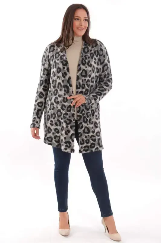 Plus Size Grey Leopard Print Cardigan - 4