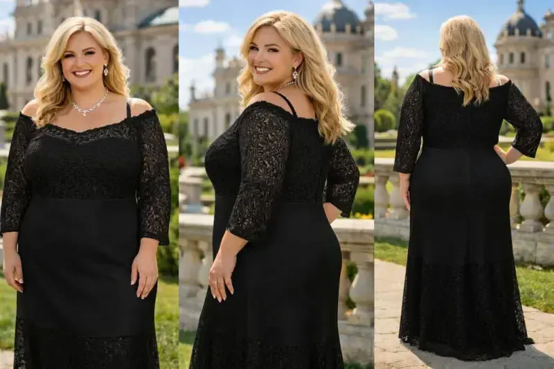 Plus Size Guipure Lace Collar Elastic Waist Adjustable Black Fish Evening Dress (40–62) ND4022 - 1