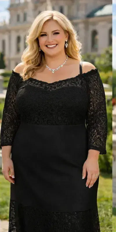 Plus Size Guipure Lace Collar Elastic Waist Adjustable Black Fish Evening Dress (40–62) ND4022 - 2