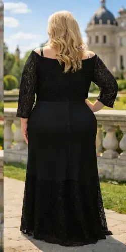 Plus Size Guipure Lace Collar Elastic Waist Adjustable Black Fish Evening Dress (40–62) ND4022 - 4