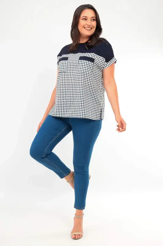 Plus Size Herringbone Pocket Detail Navy Blouse - 1