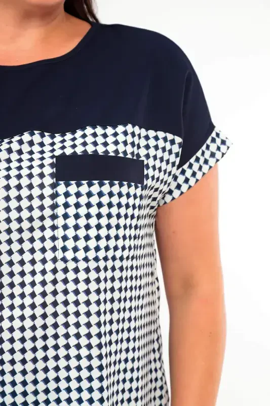 Plus Size Herringbone Pocket Detail Navy Blouse - 3