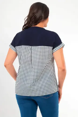 Plus Size Herringbone Pocket Detail Navy Blouse - 4