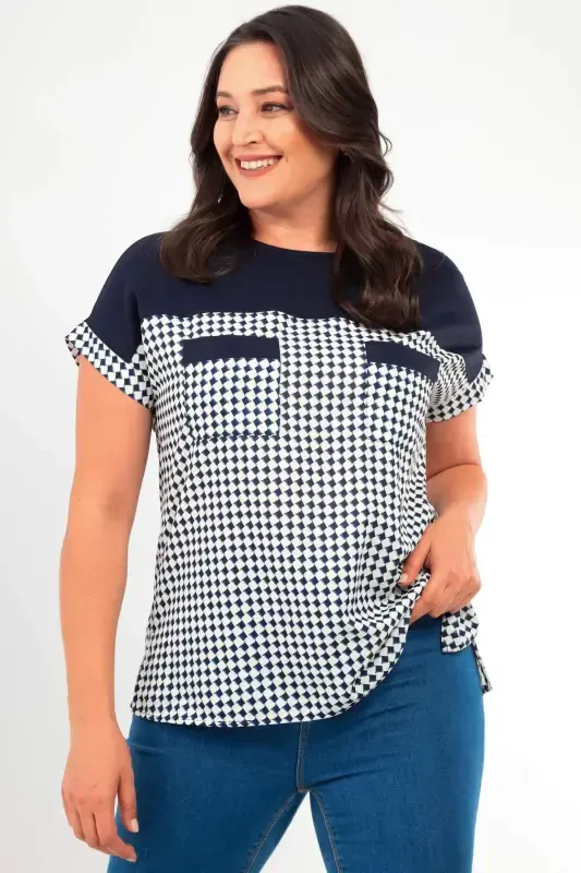 Plus Size Herringbone Pocket Detail Navy Blouse - 5