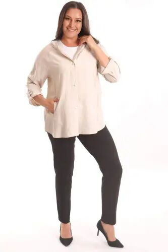 Plus Size Hooded and Button Detailed Beige Trench Coat - 4
