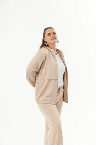 Plus Size Hooded and Zippered Modal Sweatshirt Mink - BÜYÜKBEDENIZ (1)