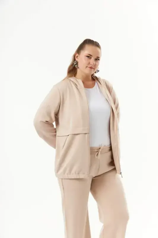 Plus Size Hooded and Zippered Modal Sweatshirt Mink - 3