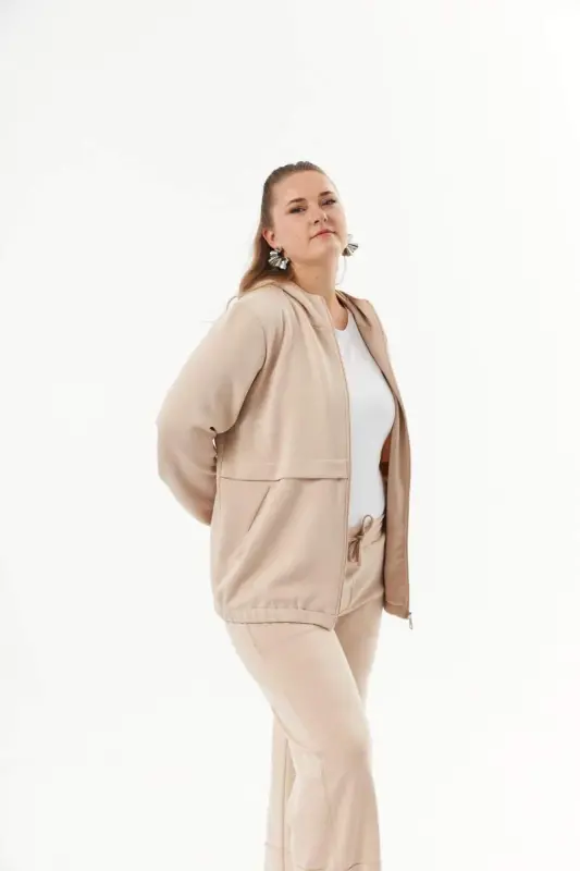 Plus Size Hooded and Zippered Modal Sweatshirt Mink - 2