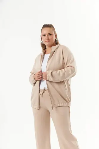 Plus Size Hooded and Zippered Modal Sweatshirt Mink - 4