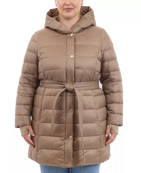 Plus Size Hooded Belted Down Puffer Coat, Created for Modazone, Taupe - 1