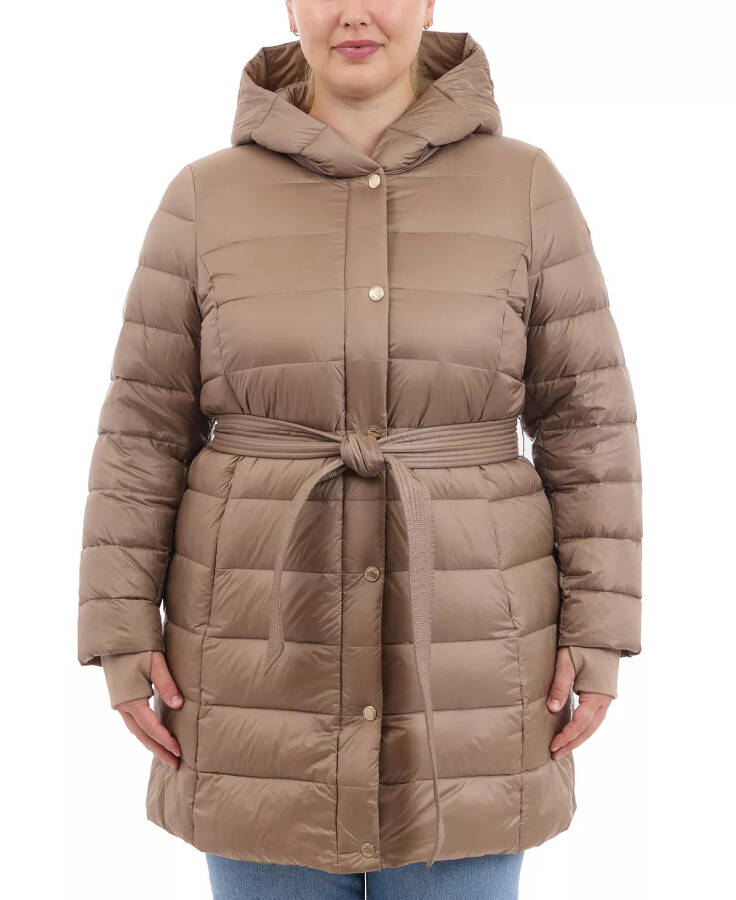 Plus Size Hooded Belted Down Puffer Coat, Created for Modazone, Taupe - 1