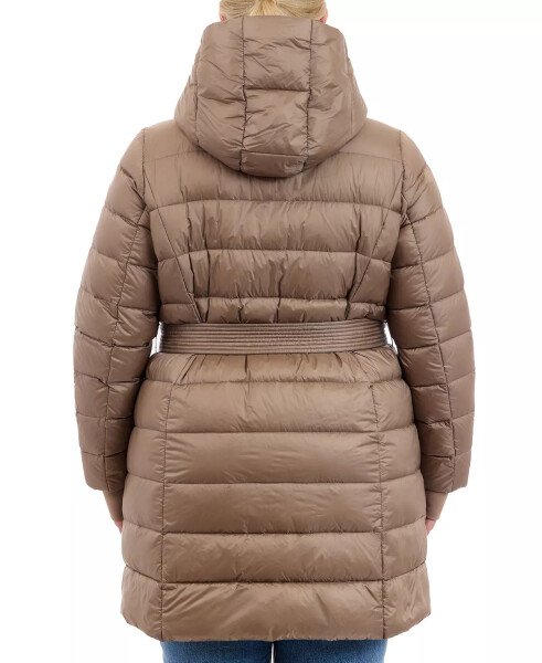 Plus Size Hooded Belted Down Puffer Coat, Created for Modazone, Taupe - 2