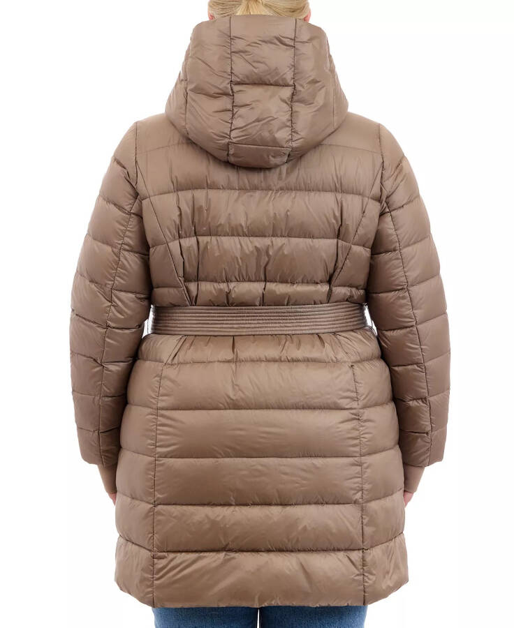 Plus Size Hooded Belted Down Puffer Coat, Created for Modazone, Taupe - 2