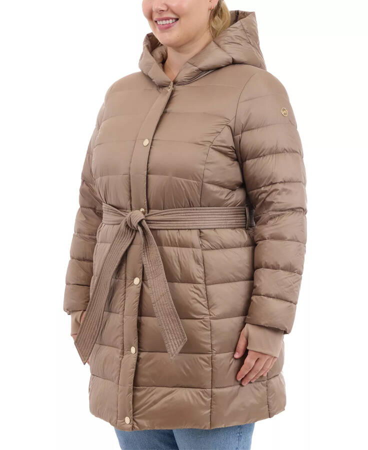 Plus Size Hooded Belted Down Puffer Coat, Created for Modazone, Taupe - 3