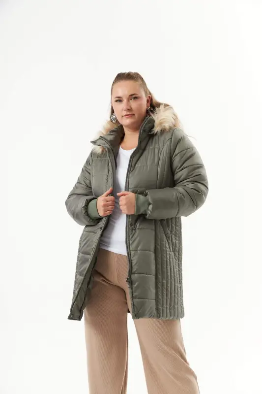 Plus Size Hooded Puffer Coat Sea Green - 1
