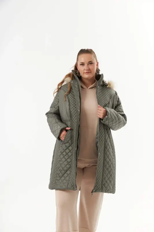 Plus Size Hooded Puffer Jacket Khaki - BÜYÜKBEDENIZ