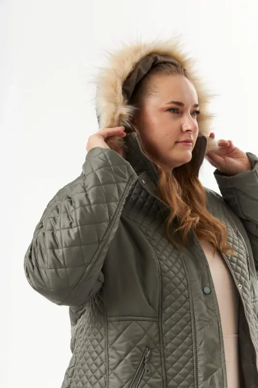 Plus Size Hooded Puffer Jacket Khaki - 9