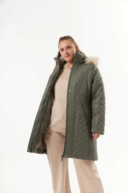Plus Size Hooded Puffer Jacket Khaki - 2