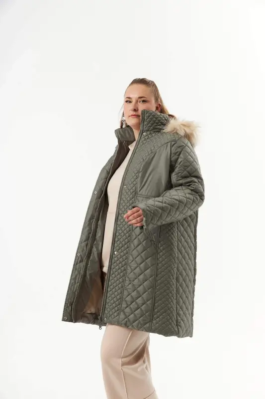 Plus Size Hooded Puffer Jacket Khaki - 3