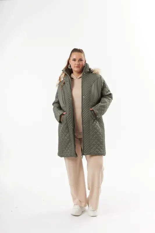 Plus Size Hooded Puffer Jacket Khaki - 11