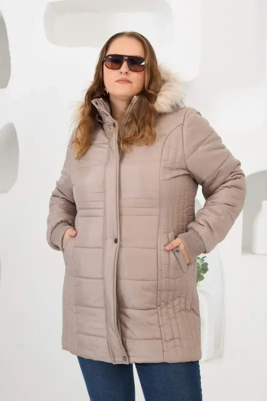 Plus Size Hooded Puffer Jacket Mink - BÜYÜKBEDENIZ