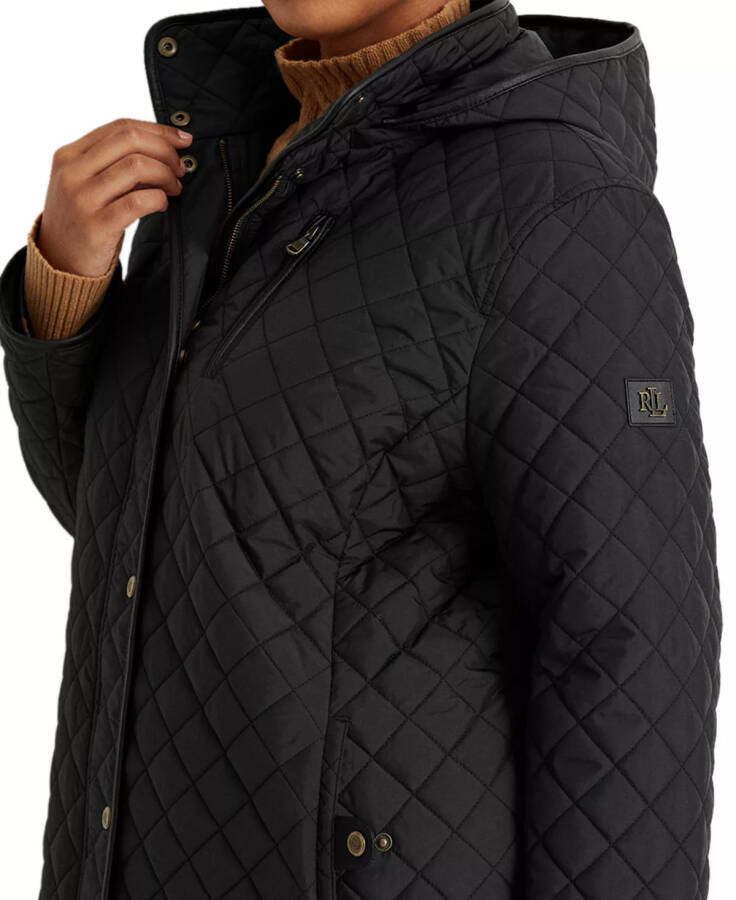 Plus Size Hooded Quilted Faux-Suede-Trim Coat Black - 4