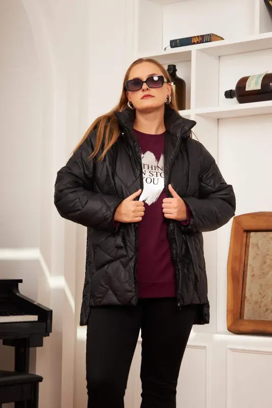 Plus Size Hooded Quilted Puffer Jacket Black - 11