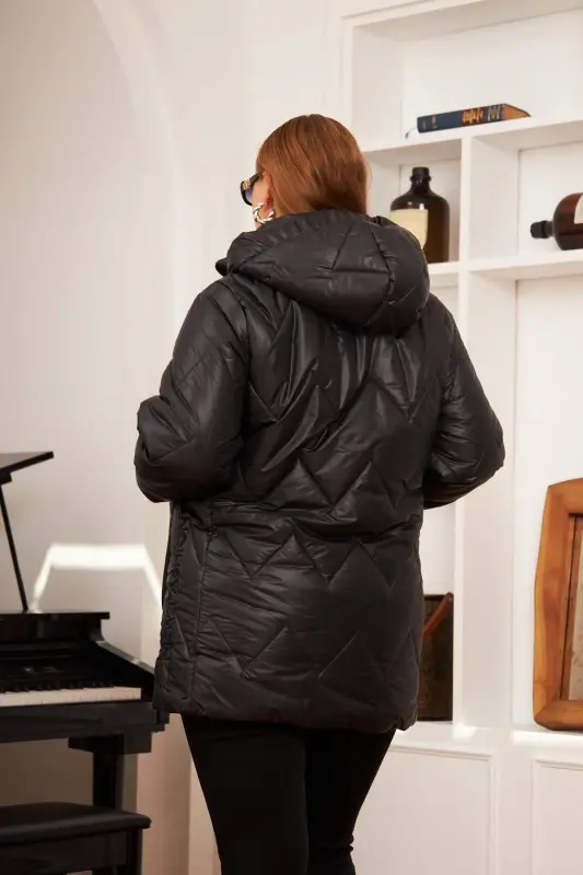 Plus Size Hooded Quilted Puffer Jacket Black - 7