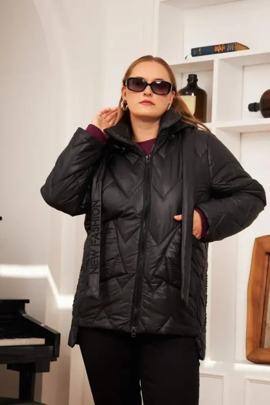 Plus Size Hooded Quilted Puffer Jacket Black - BÜYÜKBEDENIZ