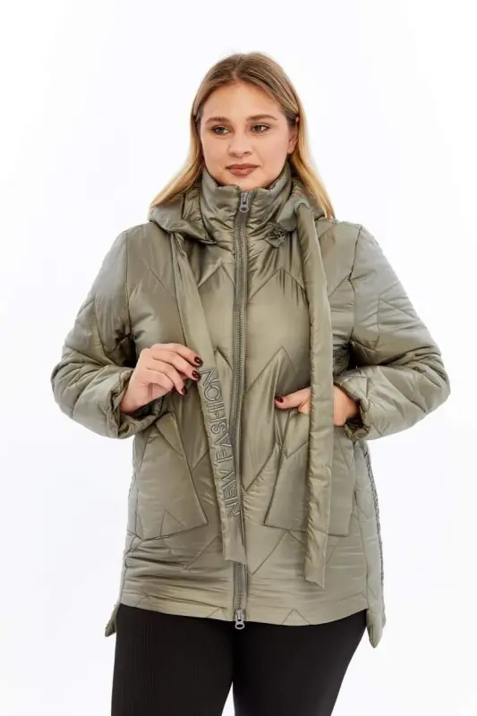 Plus Size Hooded Quilted Puffer Jacket Khaki - BÜYÜKBEDENIZ