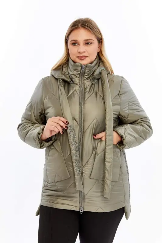 Plus Size Hooded Quilted Puffer Jacket Khaki - 1