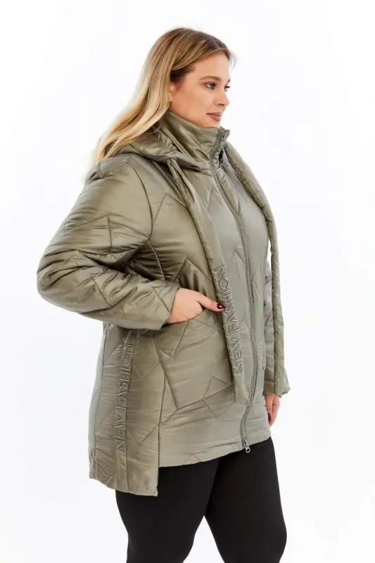 Plus Size Hooded Quilted Puffer Jacket Khaki - 2