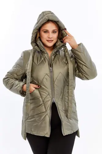 Plus Size Hooded Quilted Puffer Jacket Khaki - 3