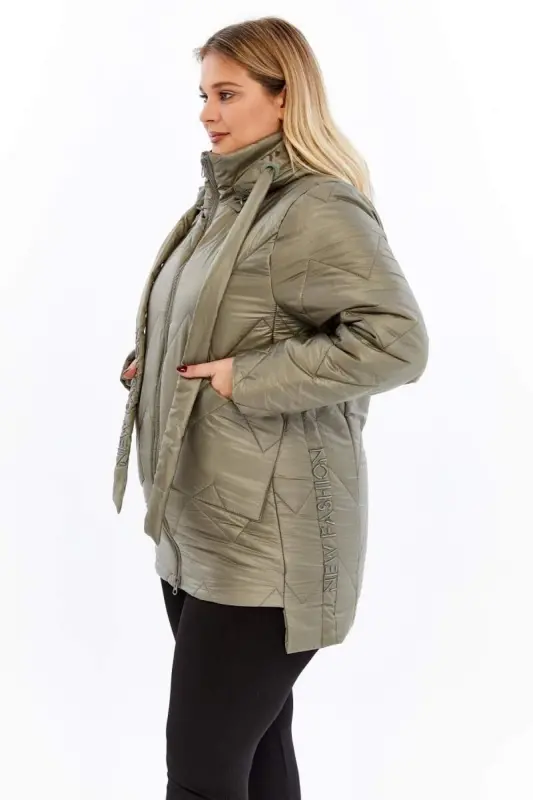 Plus Size Hooded Quilted Puffer Jacket Khaki - 4