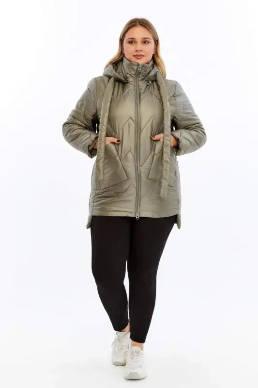 Plus Size Hooded Quilted Puffer Jacket Khaki - 7