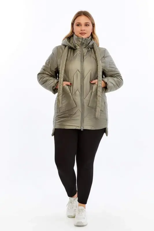 Plus Size Hooded Quilted Puffer Jacket Khaki - 7