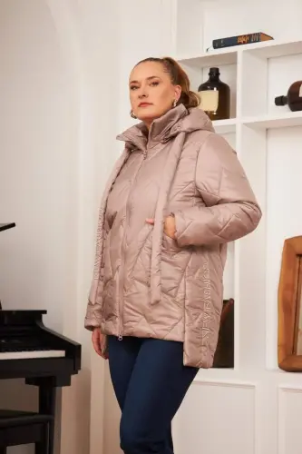 Plus Size Hooded Quilted Puffer Jacket Mink - BÜYÜKBEDENIZ (1)