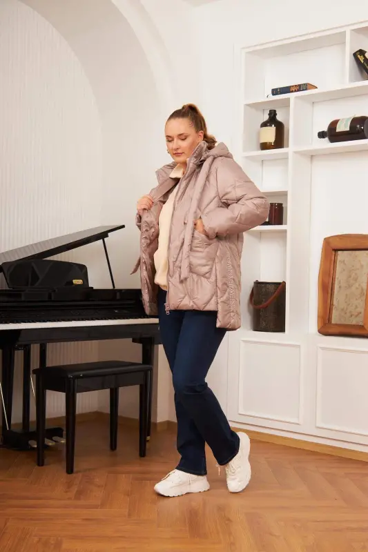 Plus Size Hooded Quilted Puffer Jacket Mink - 6