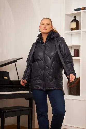 Plus Size Hooded Quilted Puffer Jacket Navy Blue - 1