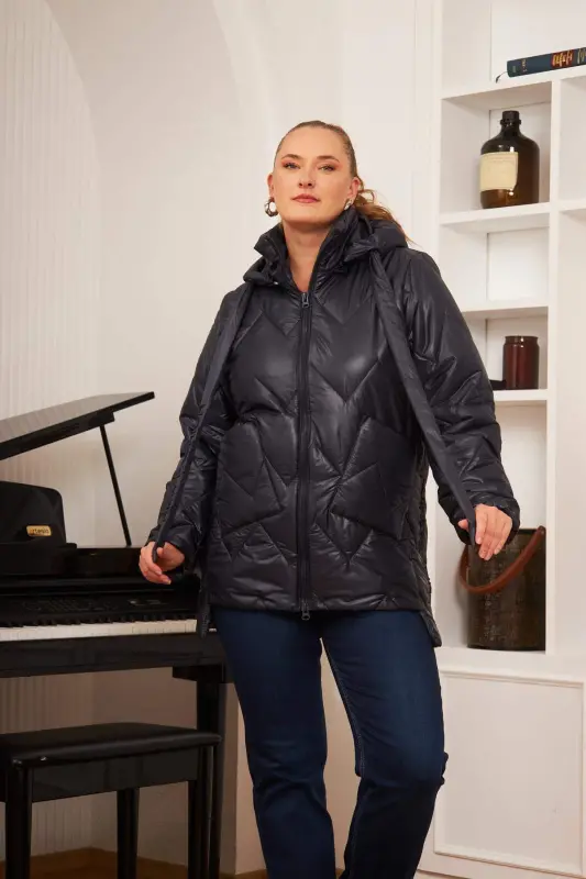 Plus Size Hooded Quilted Puffer Jacket Navy Blue - 1