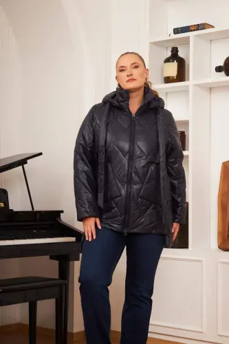 Plus Size Hooded Quilted Puffer Jacket Navy Blue - 2
