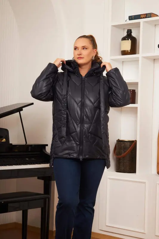 Plus Size Hooded Quilted Puffer Jacket Navy Blue - 3