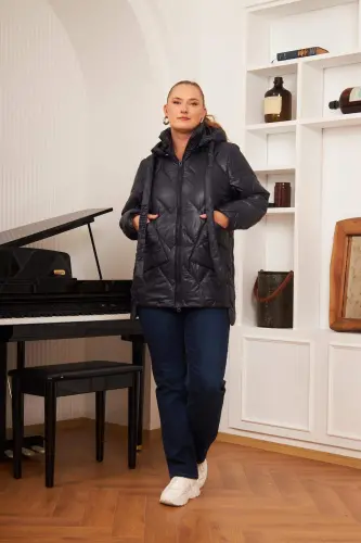 Plus Size Hooded Quilted Puffer Jacket Navy Blue - 4