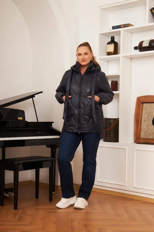 Plus Size Hooded Quilted Puffer Jacket Navy Blue - 5